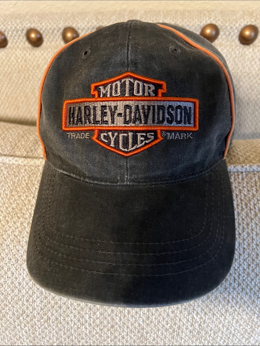 Harley-Davidson Black Hat with Orange Trim and Logo Adjustable Velcro Closure
